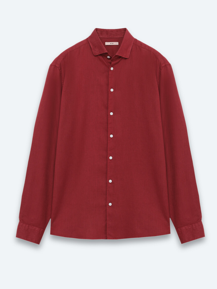 Burgundy Plain Regular Fit Long Weaving Casual Cotton Blended Shirt - 6