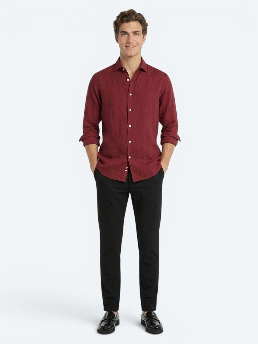 Burgundy Plain Regular Fit Long Weaving Casual Cotton Blended Shirt - 2