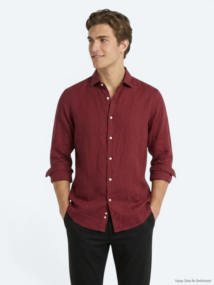 Burgundy Plain Regular Fit Long Weaving Casual Cotton Blended Shirt 