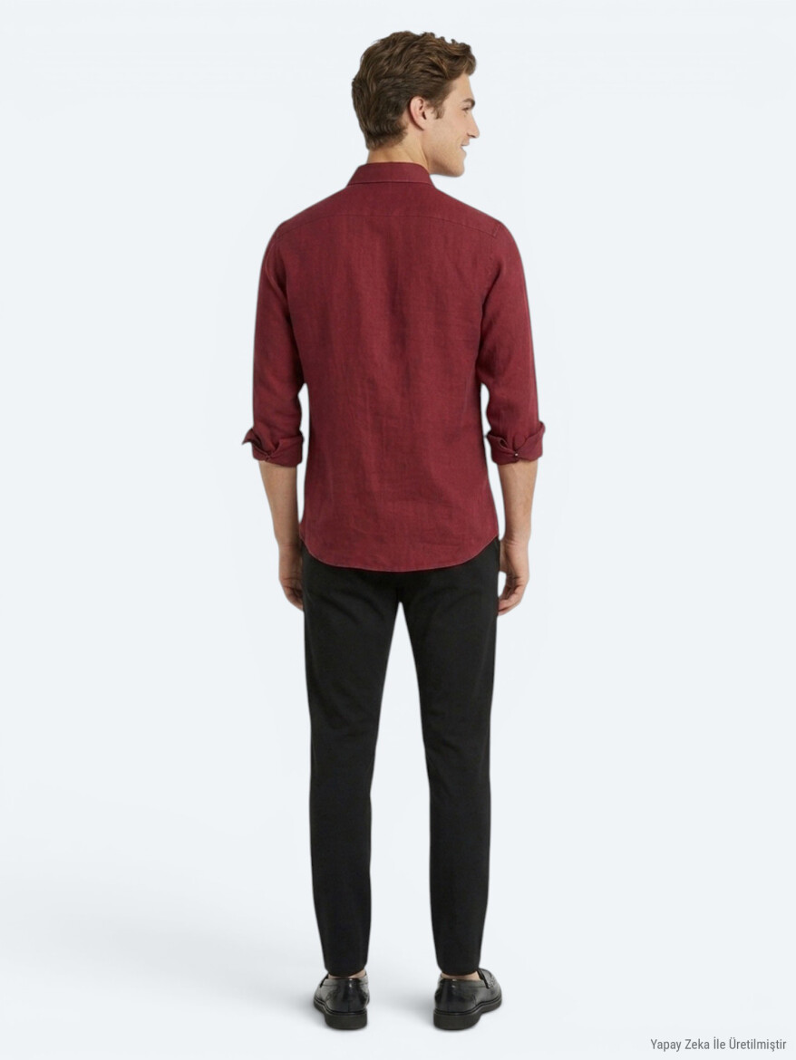 Burgundy Plain Regular Fit Long Weaving Casual Cotton Blended Shirt - 5