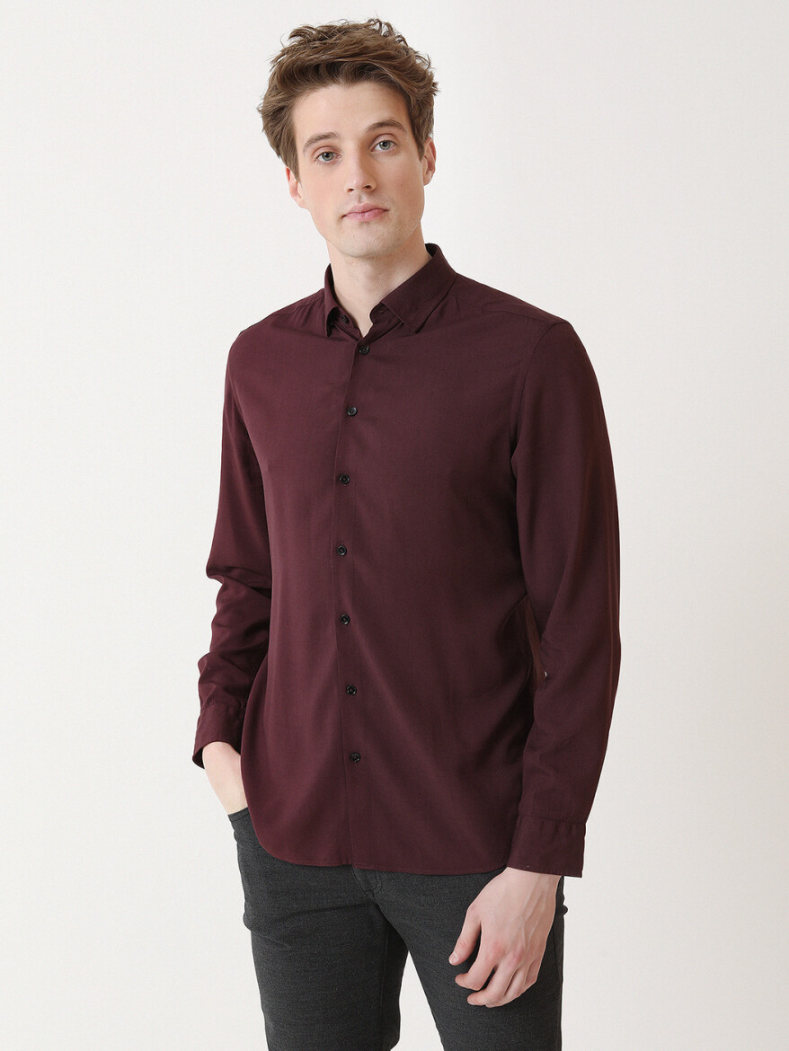 Burgundy Plain Slim Fit Long Weaving Casual Shirt - 1
