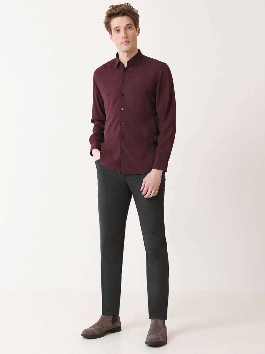 Burgundy Plain Slim Fit Long Weaving Casual Shirt - 2