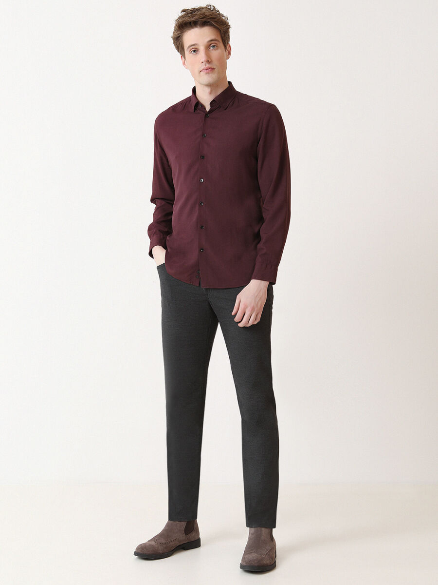 Burgundy Plain Slim Fit Long Weaving Casual Shirt - 2