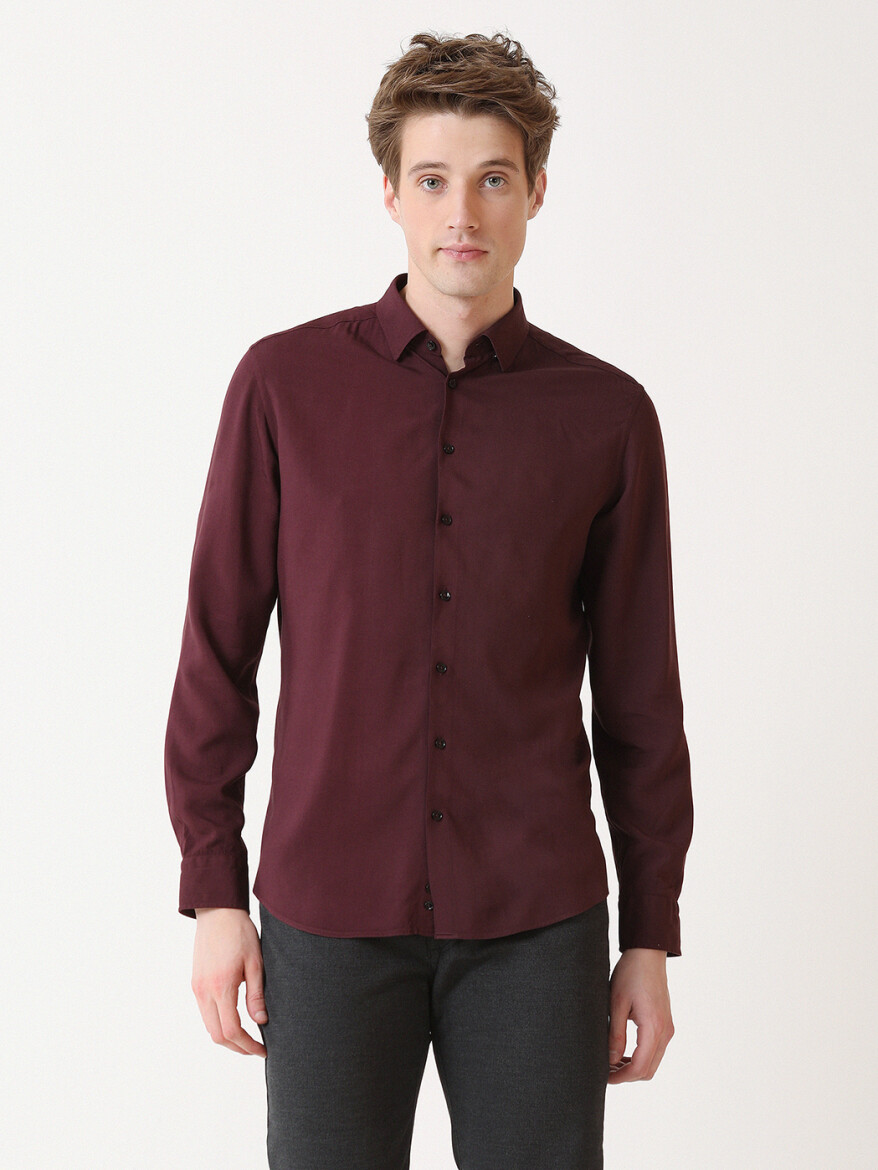 Burgundy Plain Slim Fit Long Weaving Casual Shirt - 4