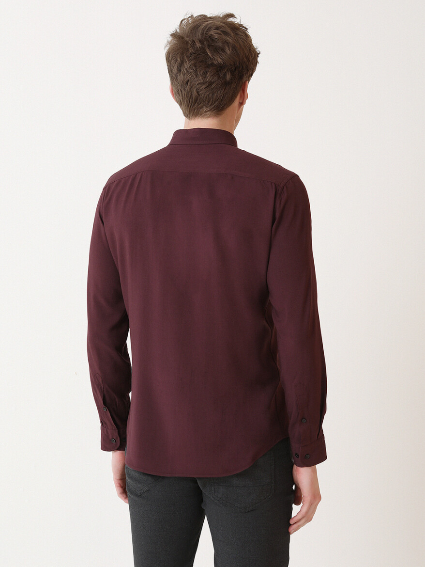 Burgundy Plain Slim Fit Long Weaving Casual Shirt - 5