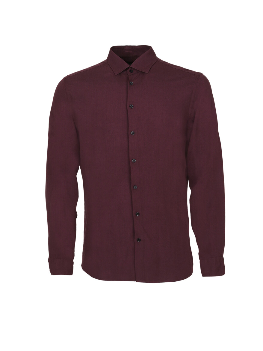 Burgundy Plain Slim Fit Long Weaving Casual Shirt - 6