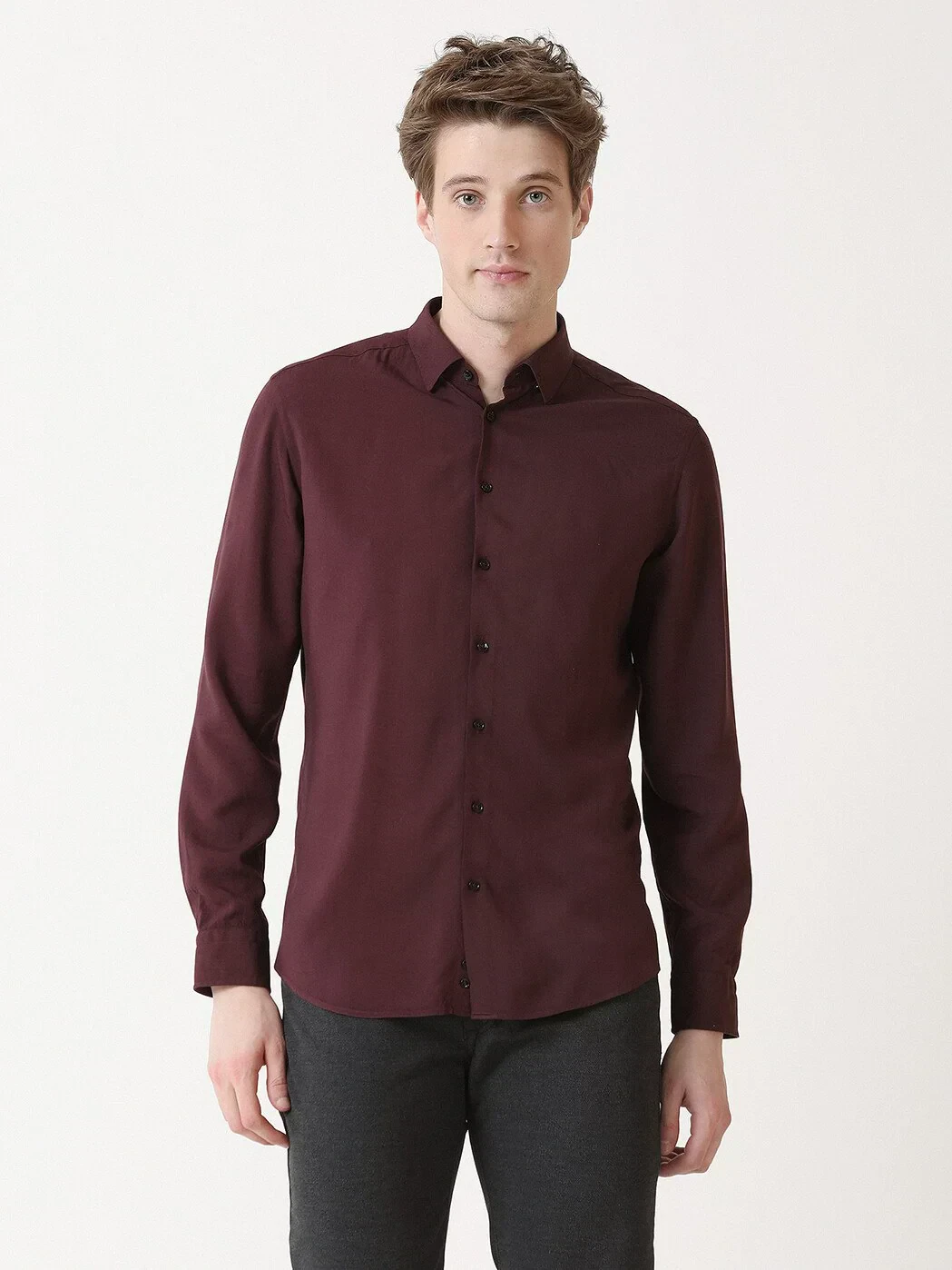 Burgundy Plain Slim Fit Weaving Casual Shirt - 4