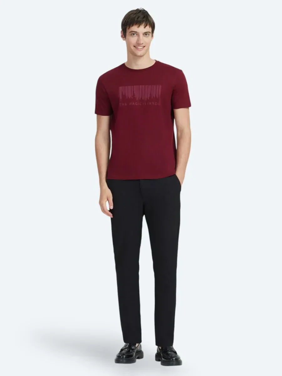 Burgundy Printed Crew Neck 100% Cotton T-Shirt - 2