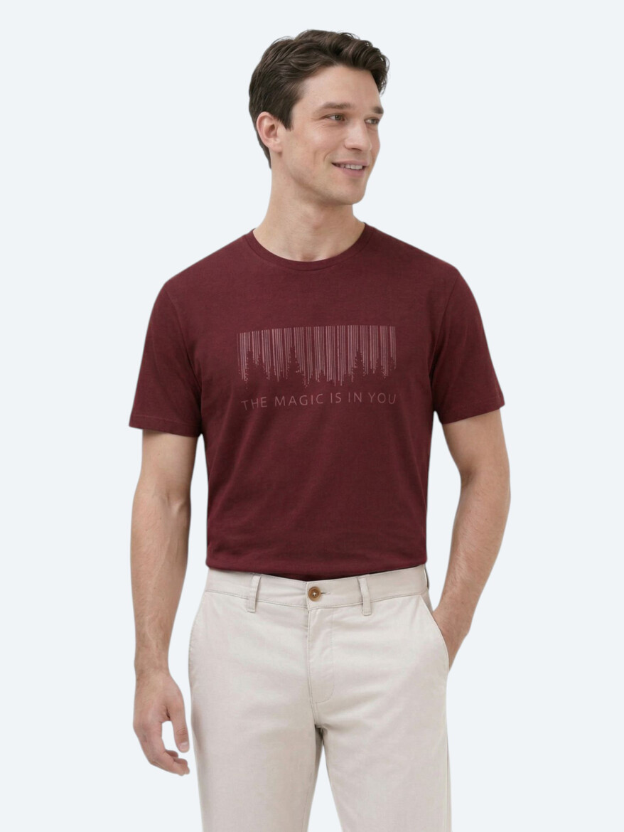 Burgundy Printed Crew Neck 100% Cotton T-Shirt 