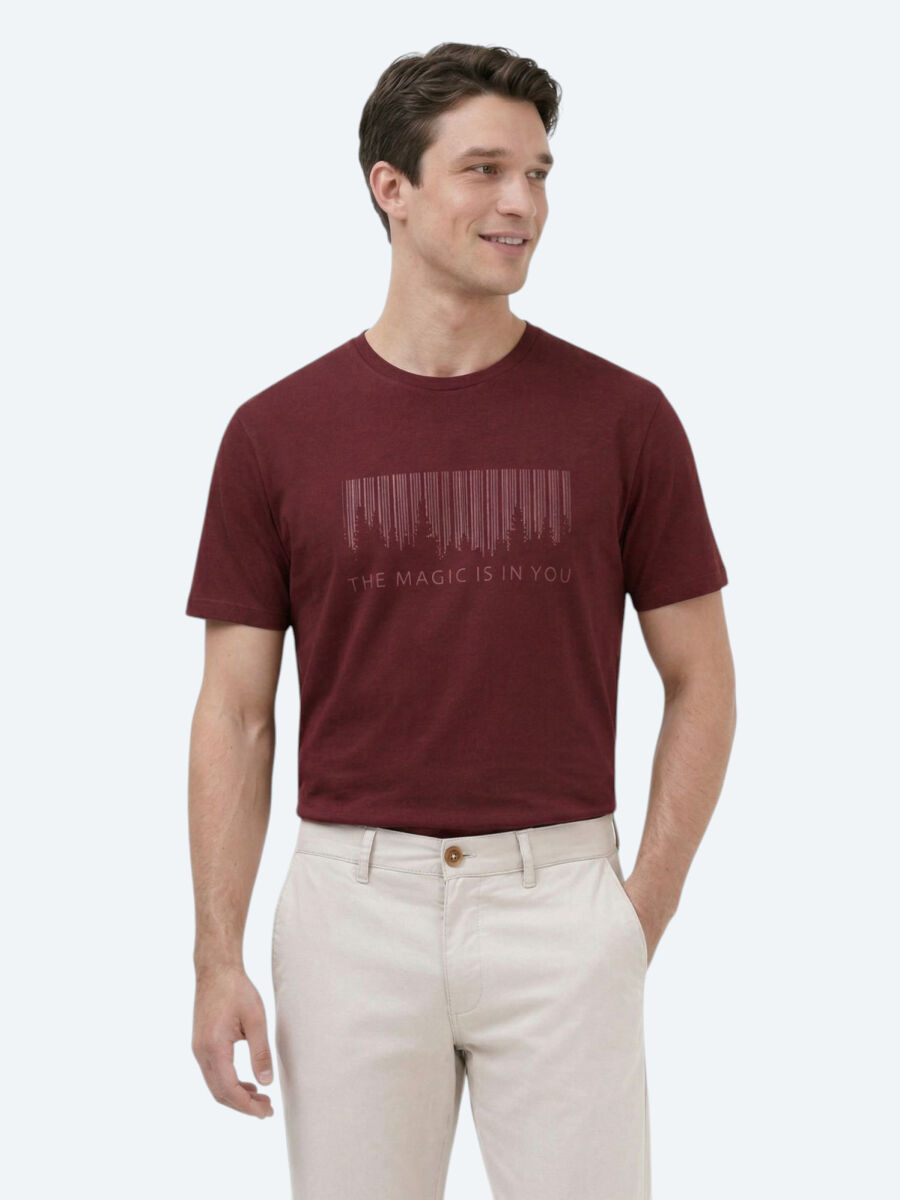 Burgundy Printed Crew Neck 100% Cotton T-Shirt - 1