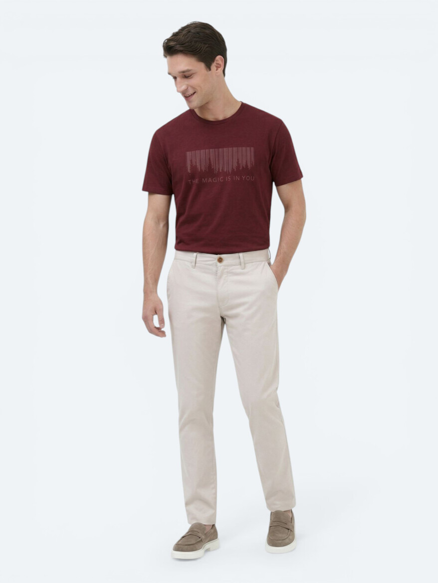 Burgundy Printed Crew Neck 100% Cotton T-Shirt - 4