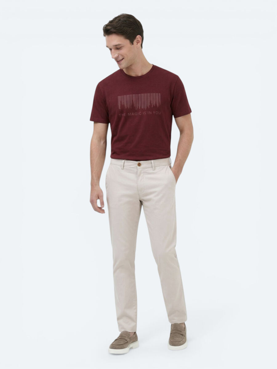 Burgundy Printed Crew Neck 100% Cotton T-Shirt - 4