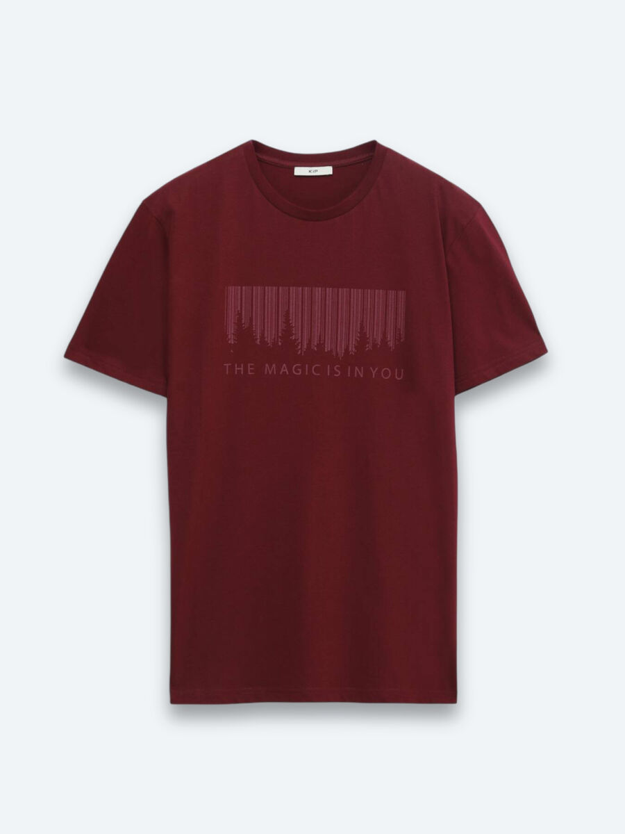 Burgundy Printed Crew Neck 100% Cotton T-Shirt - 6