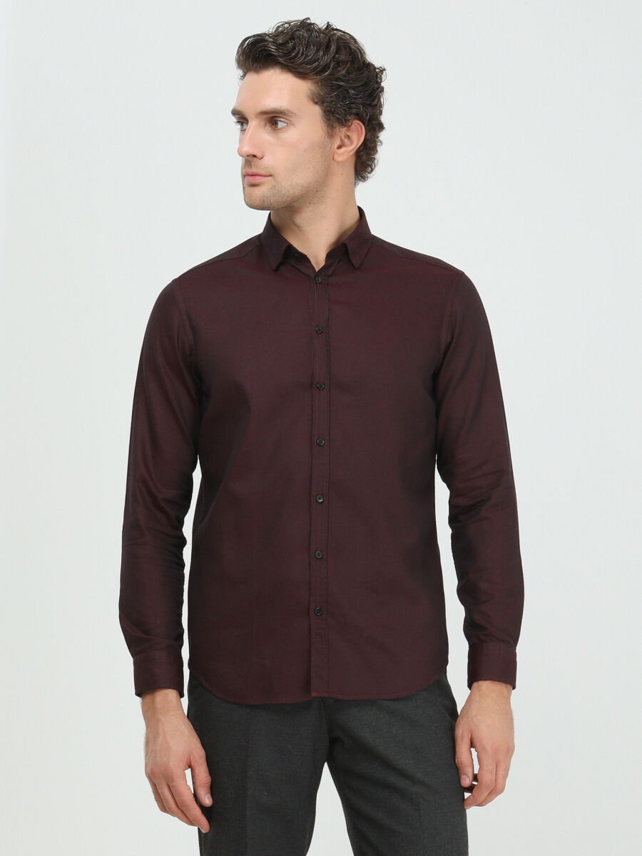 Burgundy Regular Fit Long Weaving Casual 100% Cotton Shirt - 1