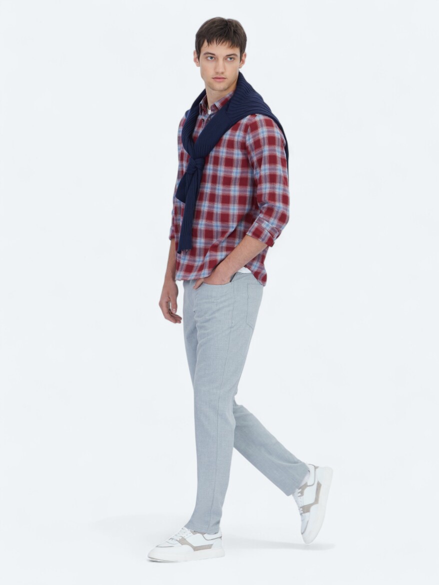 Burgundy Regular Fit Long Weaving Casual 100% Cotton Shirt - 3