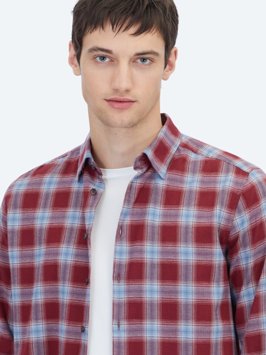 Burgundy Regular Fit Long Weaving Casual 100% Cotton Shirt - 4