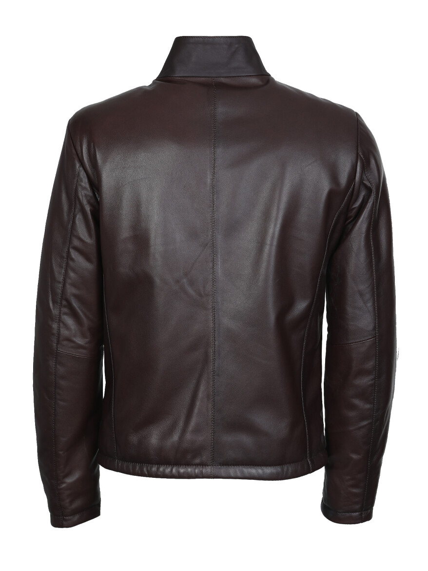 Burgundy Regular Fit Turtleneck Casual Leather Leather Coat - 7