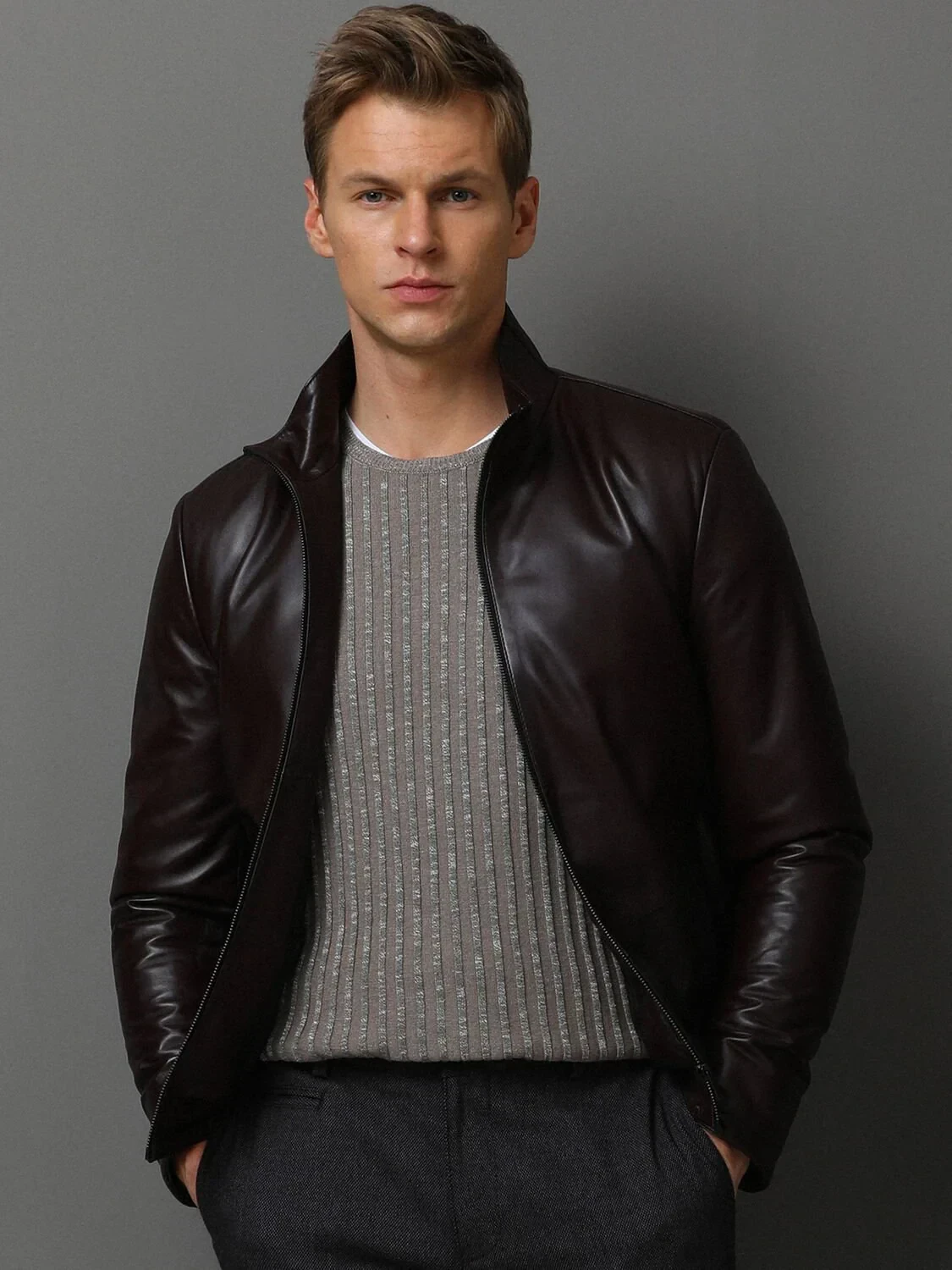 Burgundy Regular Fit Turtleneck Casual Leather Leather Coat - 4
