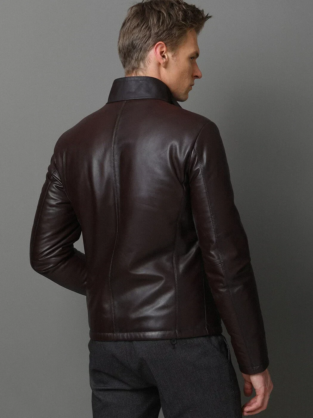Burgundy Regular Fit Turtleneck Casual Leather Leather Coat - 5