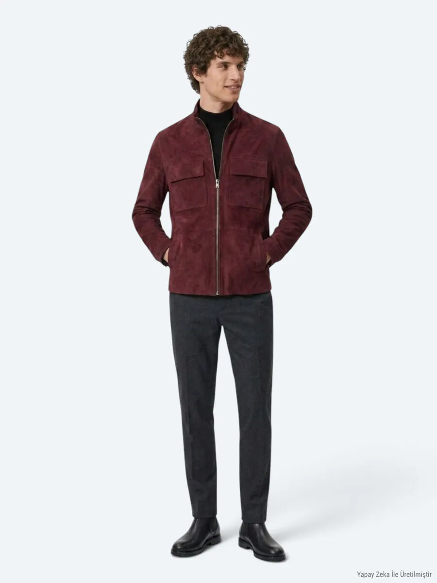 Burgundy Regular Fit Turtleneck Casual Suede Leather Coat - 3