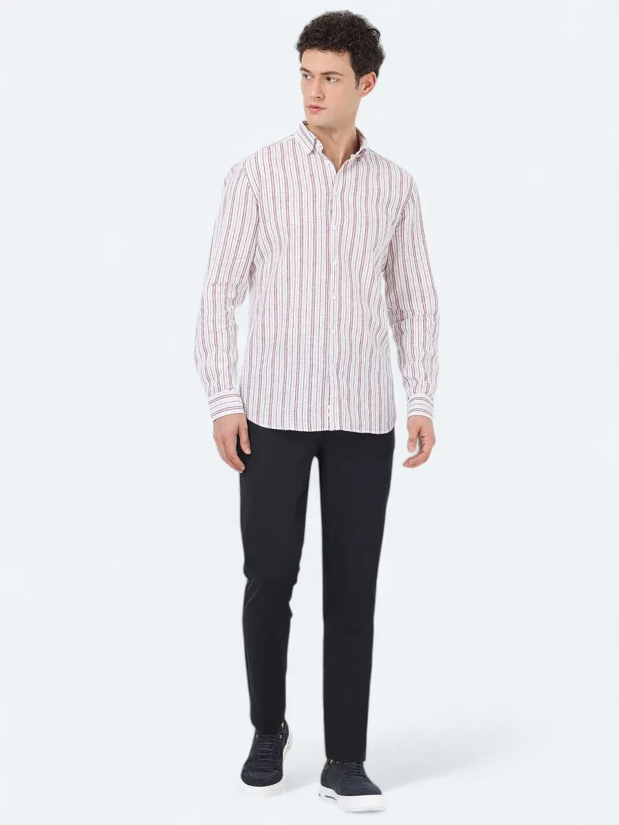 Burgundy Regular Fit Weaving Casual Cotton Blended Shirt - 2