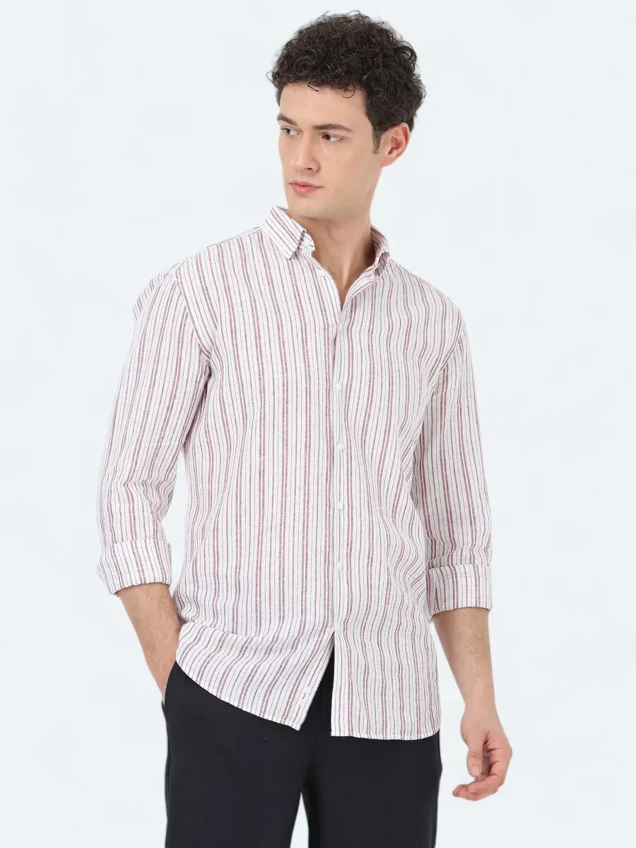 Burgundy Regular Fit Weaving Casual Cotton Blended Shirt - 3