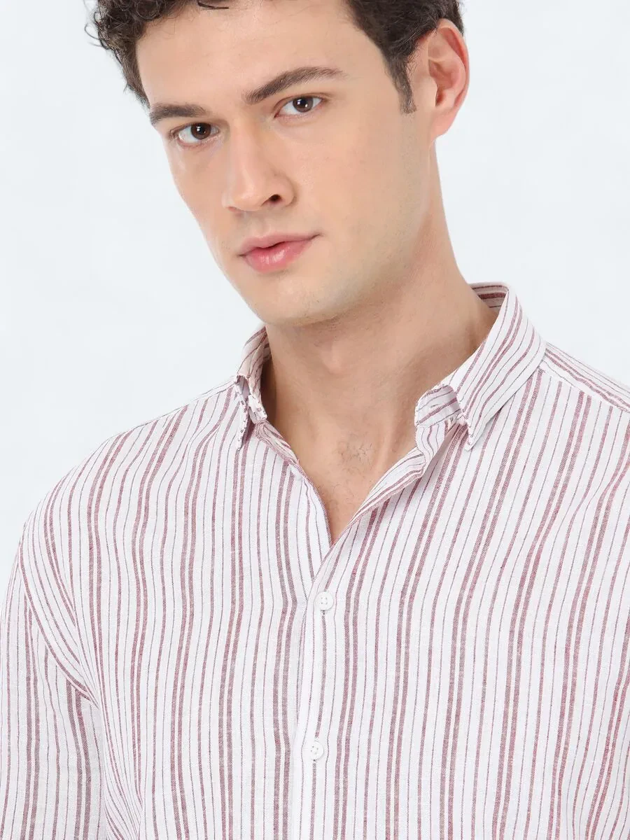 Burgundy Regular Fit Weaving Casual Cotton Blended Shirt - 4