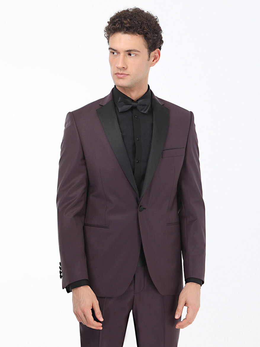 Burgundy Slim Fit Butterfly Collar Weaving Tuxedo - 3