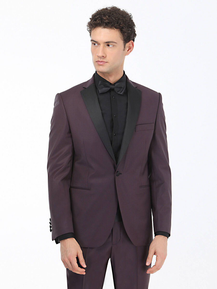 Burgundy Slim Fit Butterfly Collar Weaving Tuxedo - 3