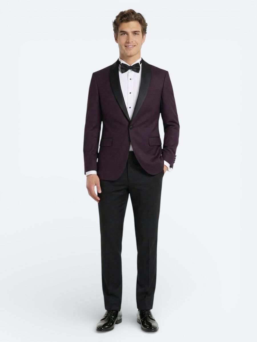 Burgundy Slim Fit Removable Shawl Collar Weaving Tuxedo - 1