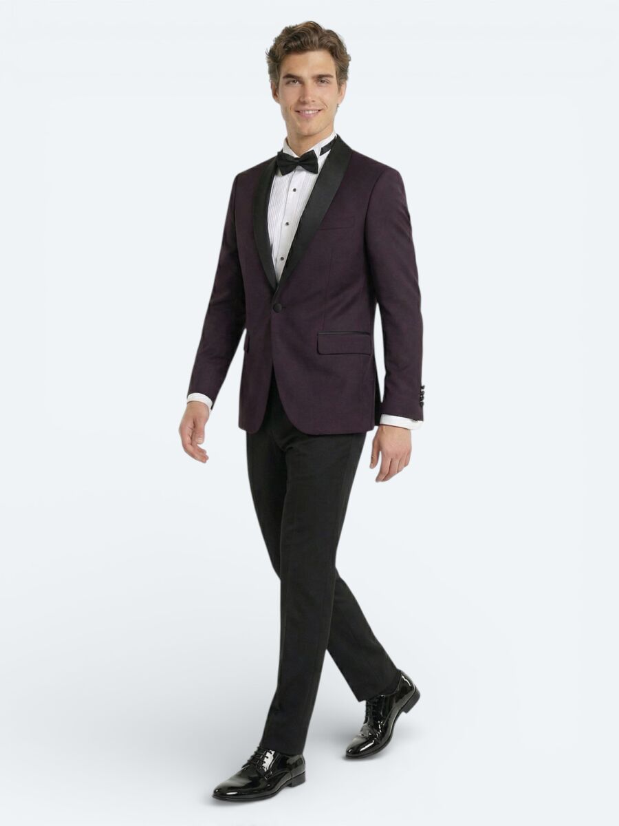 Burgundy Slim Fit Removable Shawl Collar Weaving Tuxedo - 3