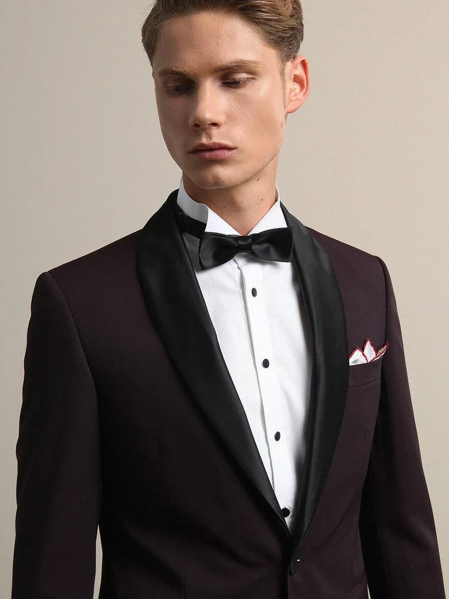 Burgundy Slim Fit Removable Shawl Collar Weaving Tuxedo - 3