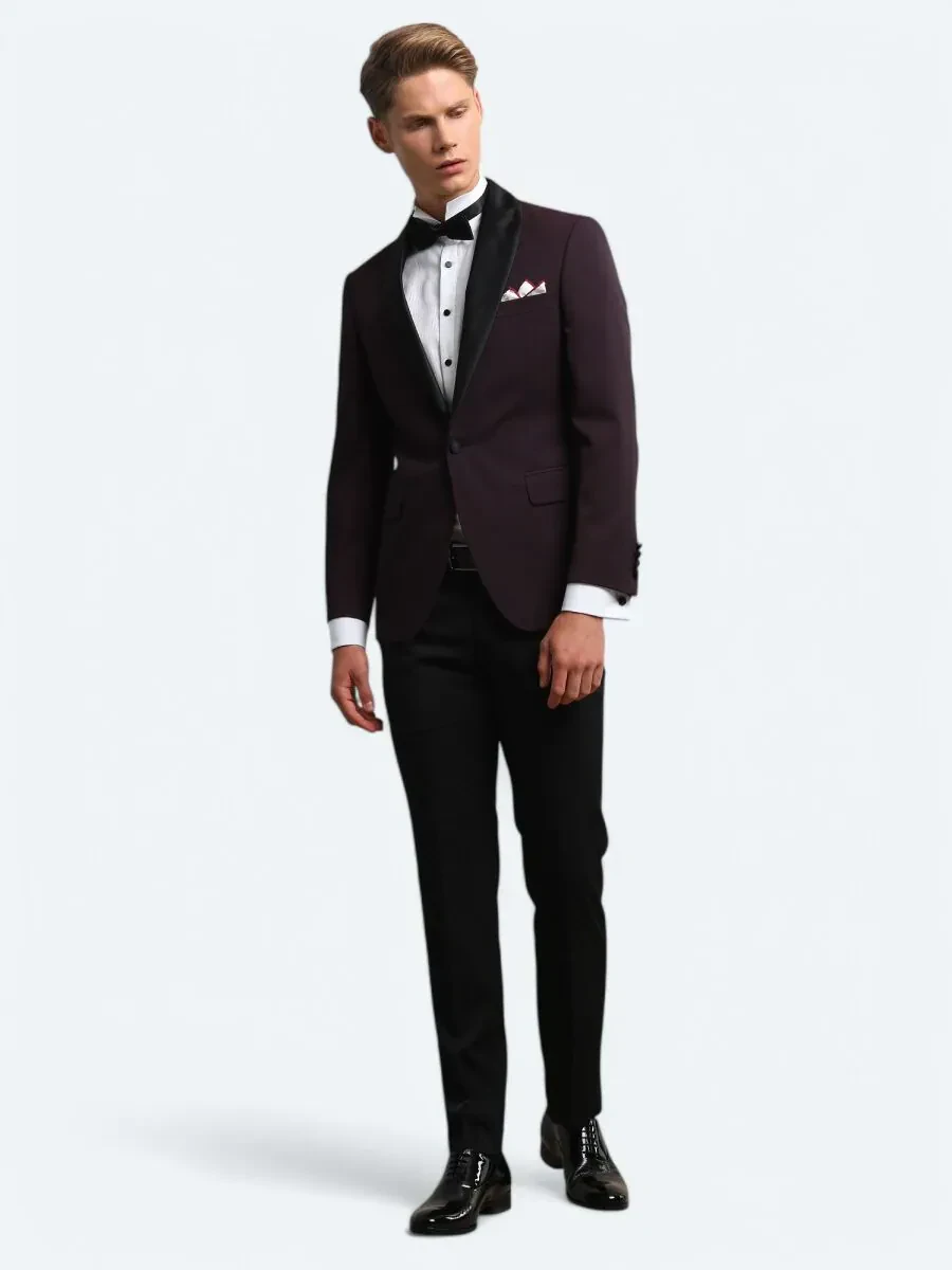Burgundy Slim Fit Shawl Collar Weaving Tuxedo - 1