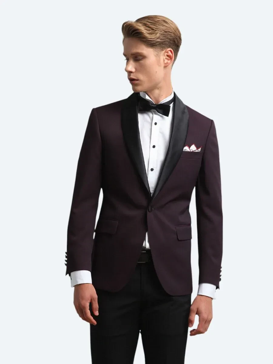 Burgundy Slim Fit Shawl Collar Weaving Tuxedo - 2