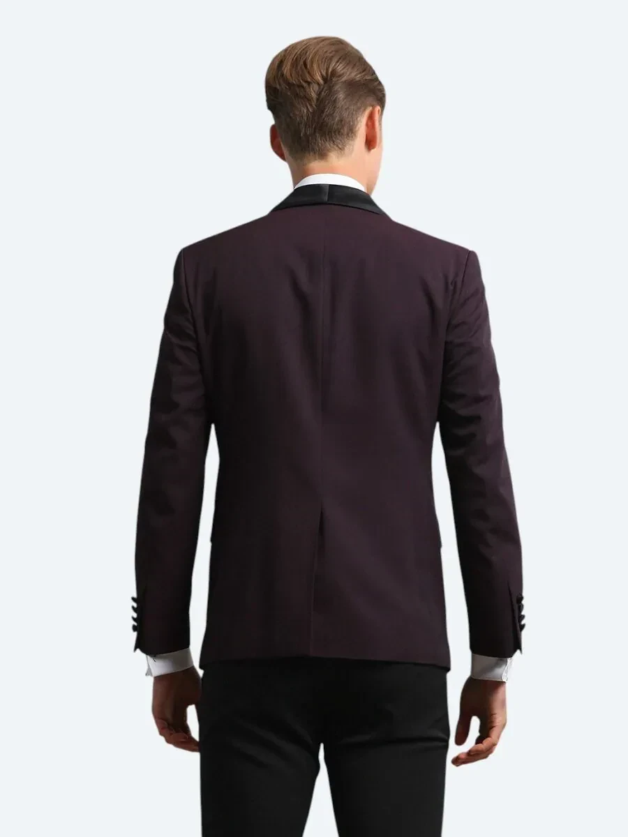Burgundy Slim Fit Shawl Collar Weaving Tuxedo - 5
