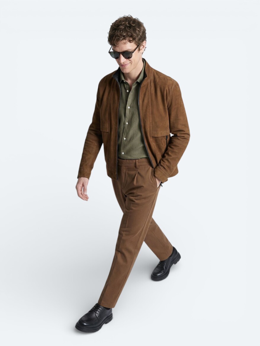 Caramel Regular Fit Turtleneck Casual Leather Coat - 4