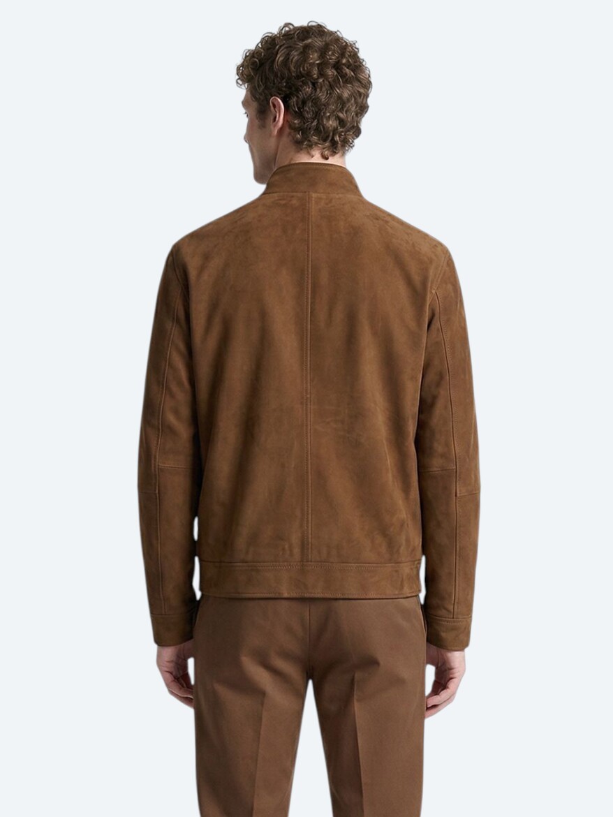 Caramel Regular Fit Turtleneck Casual Leather Coat - 5