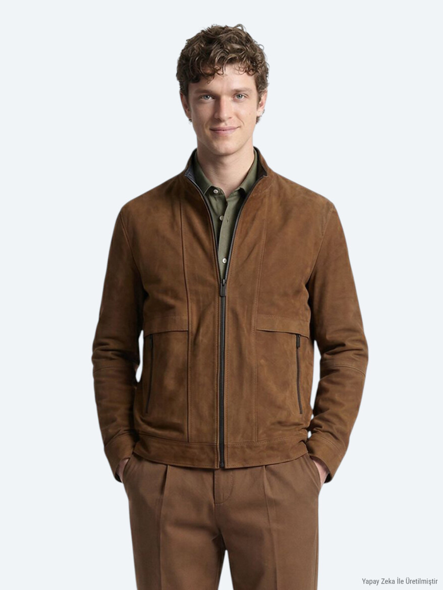 Caramel Regular Fit Turtleneck Casual Leather Coat - KİP
