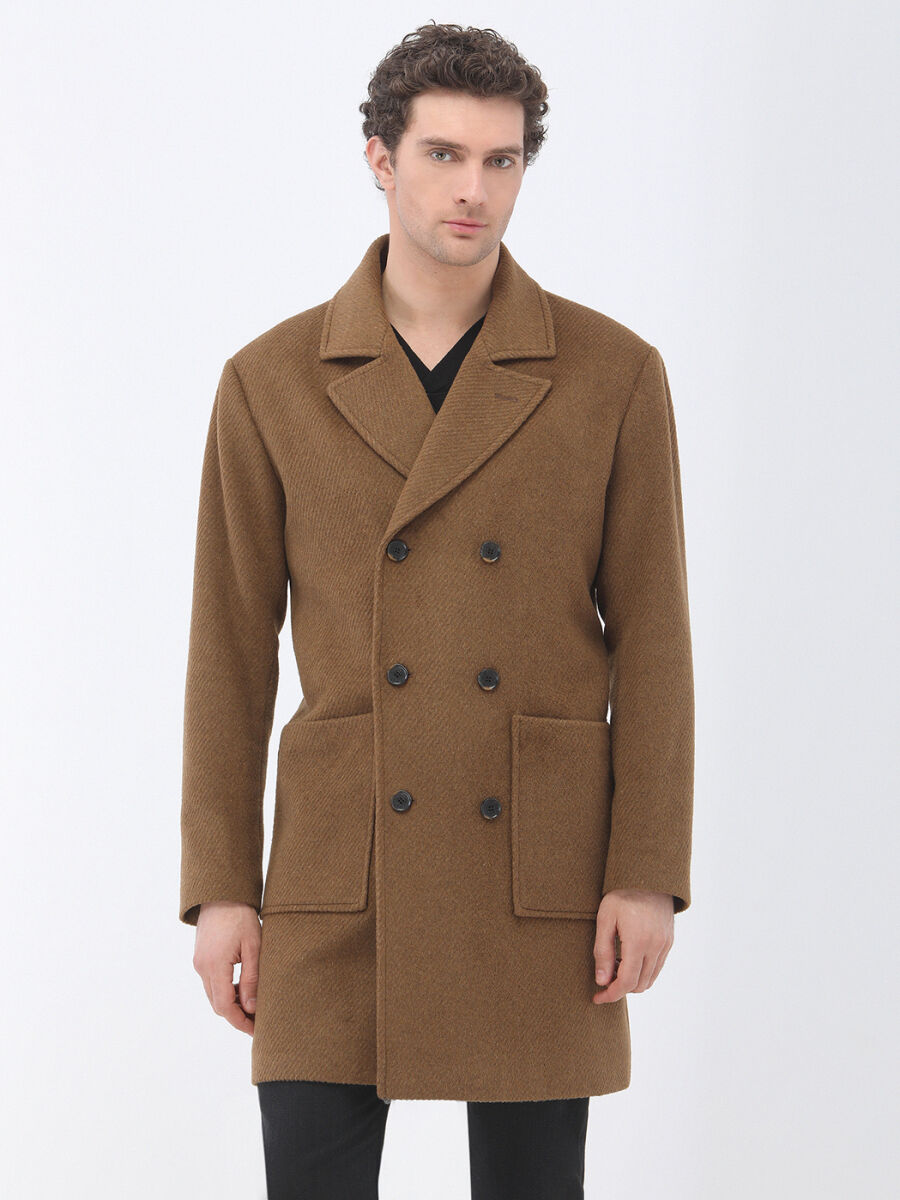Cinnamon Regular Fit Double Breasted Collar Classical Weaving Overcoat - 1