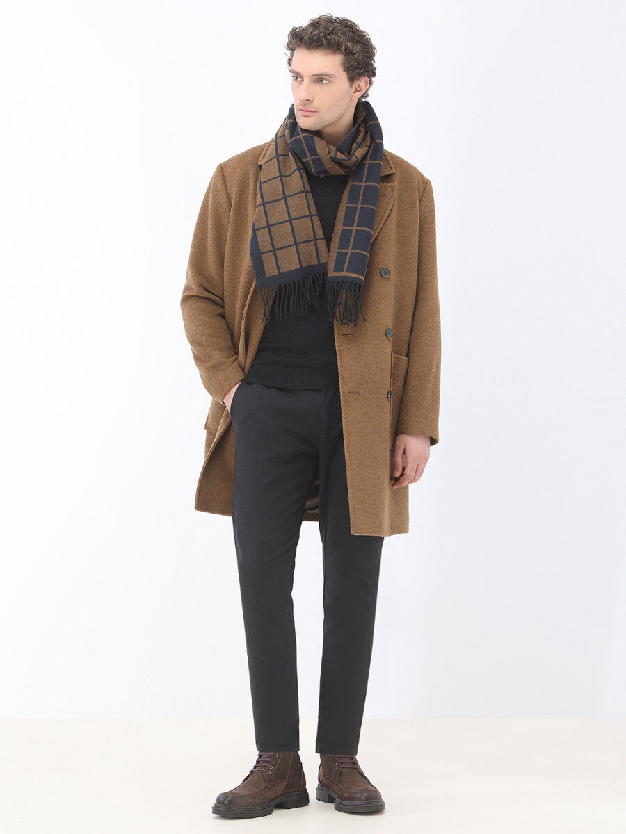 Cinnamon Regular Fit Double Breasted Collar Classical Weaving Overcoat - 2