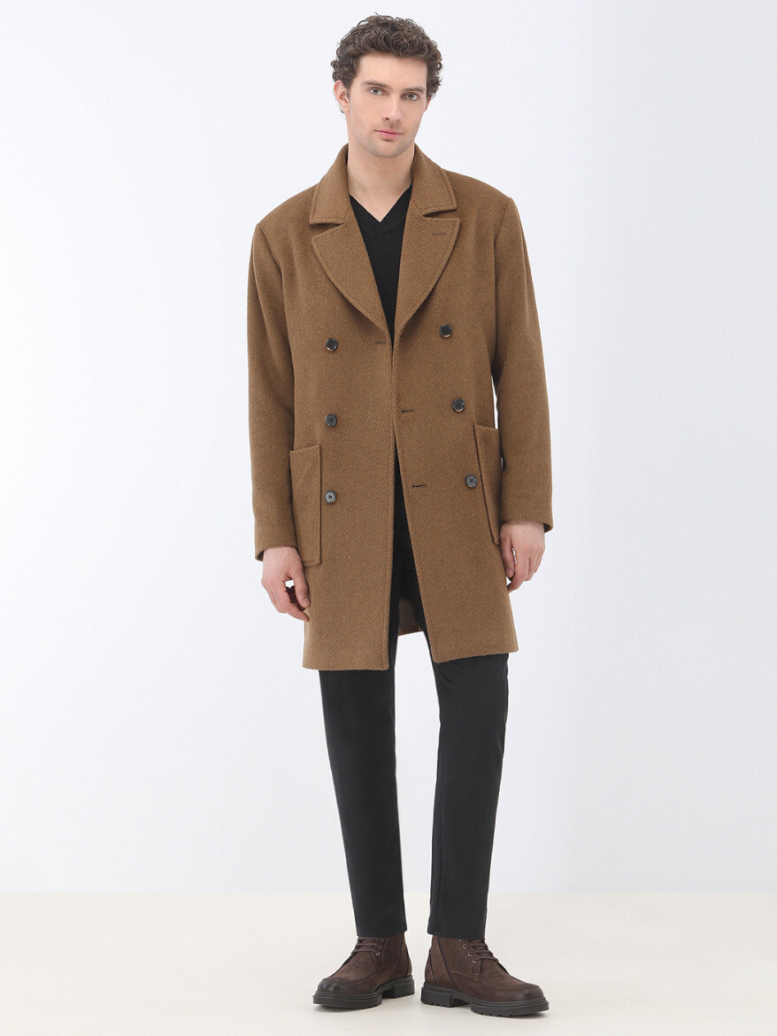 Cinnamon Regular Fit Double Breasted Collar Classical Weaving Overcoat - 3