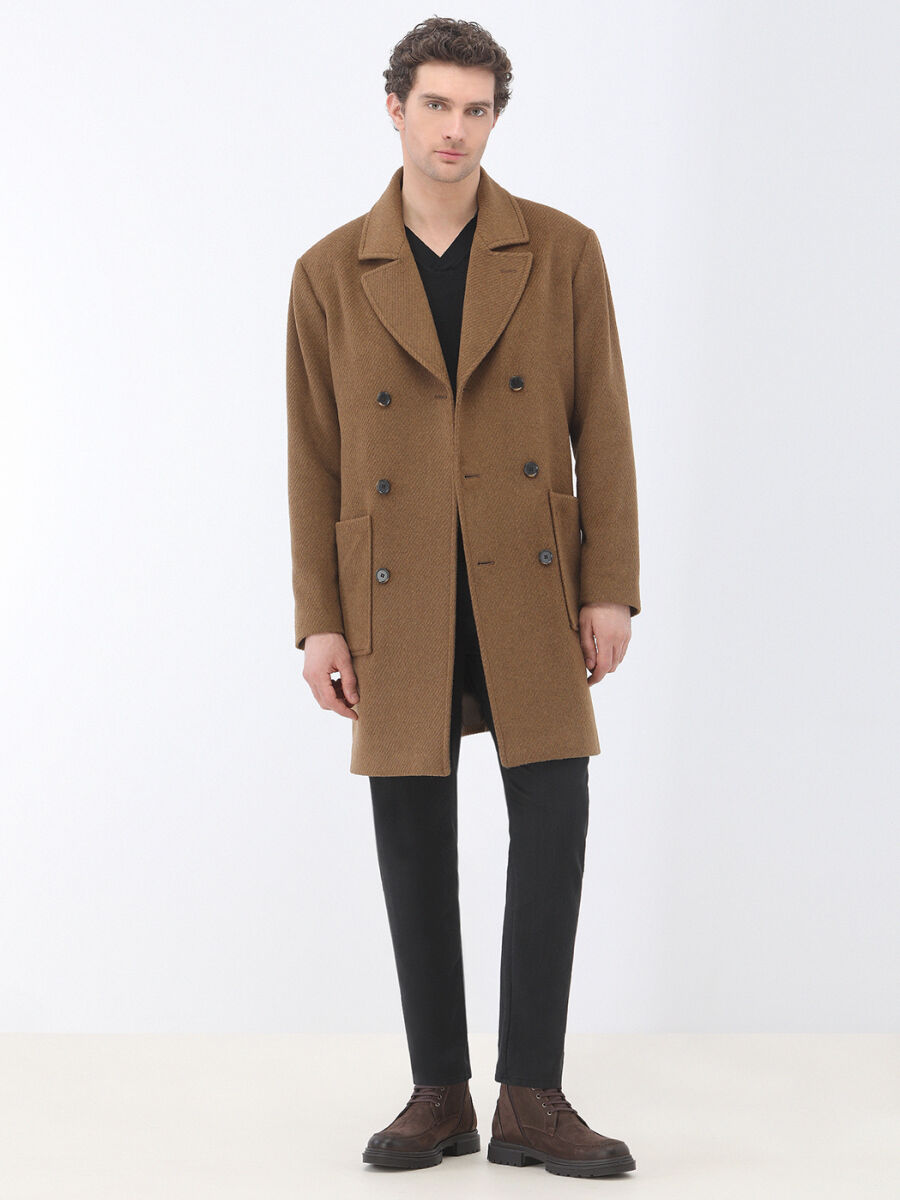 Cinnamon Regular Fit Double Breasted Collar Classical Weaving Overcoat - 3