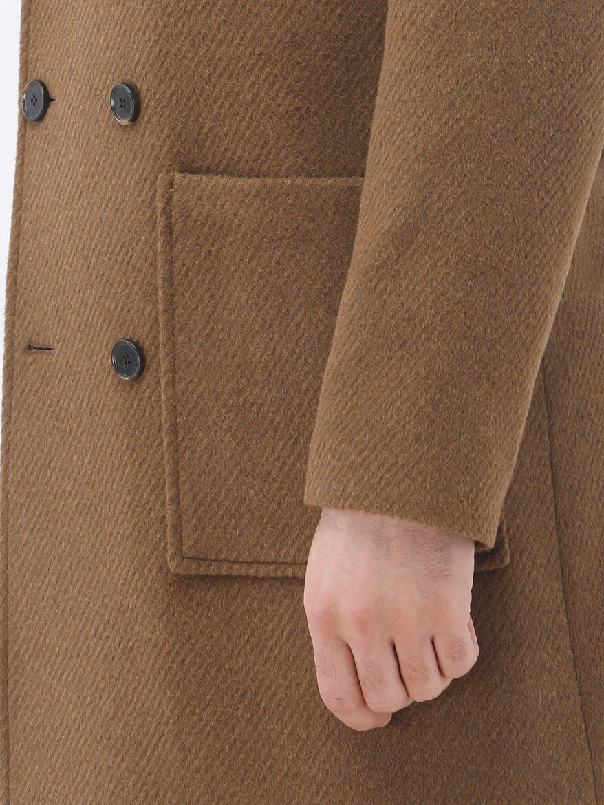 Cinnamon Regular Fit Double Breasted Collar Classical Weaving Overcoat - 4