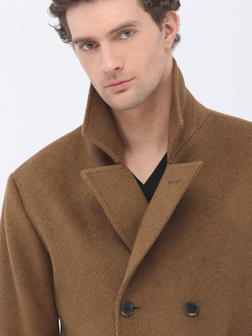 Cinnamon Regular Fit Double Breasted Collar Classical Weaving Overcoat - 5