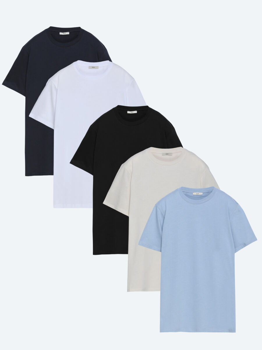 Çok Renkli 5'li Düz %100 Pamuk T-Shirt - 1