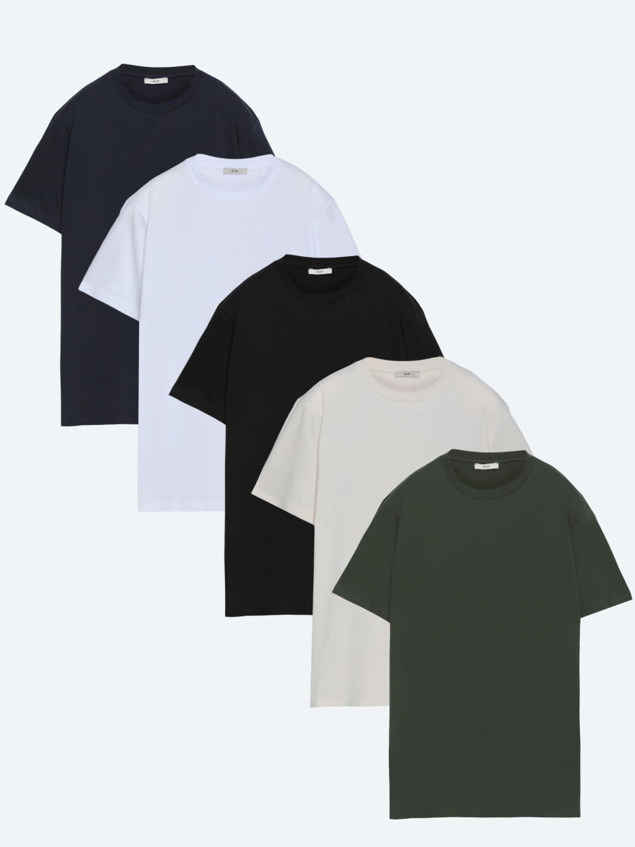 Çok Renkli 5'li Düz %100 Pamuk T-Shirt - 1