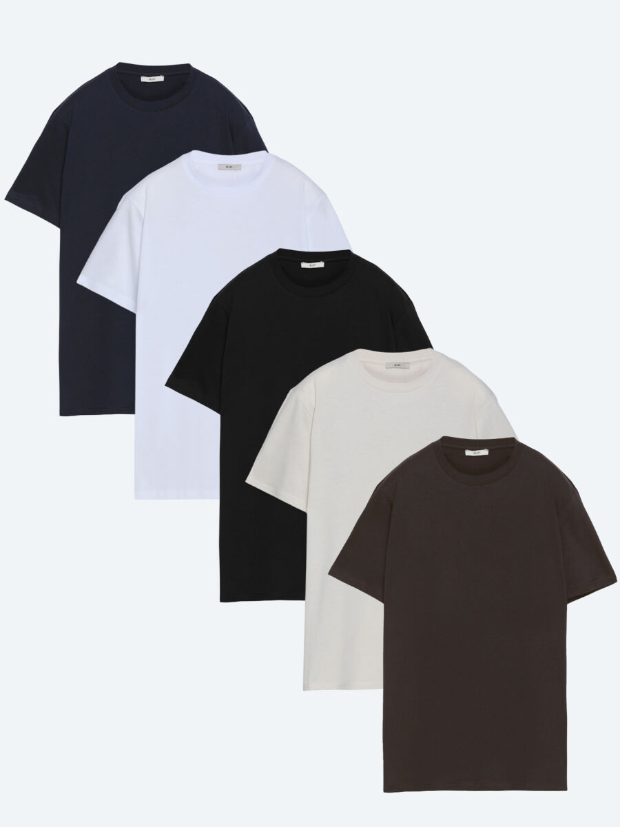 Çok Renkli 5'li Düz %100 Pamuk T-Shirt - 1