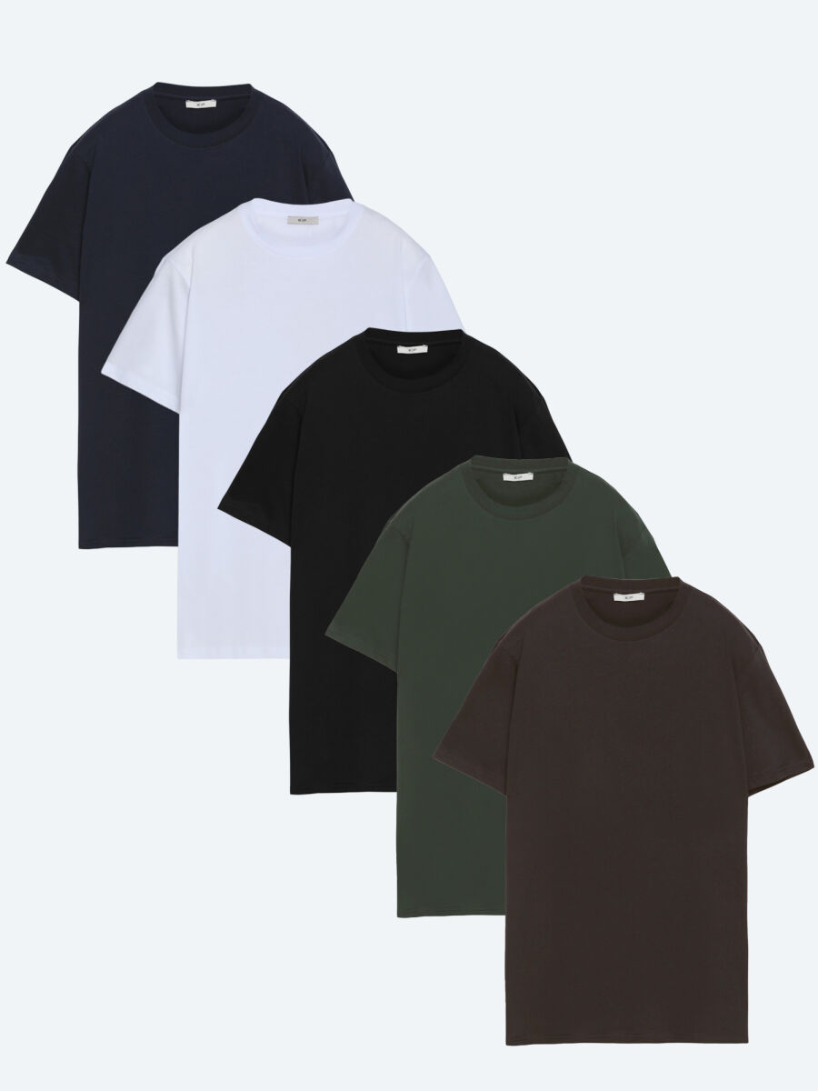 Çok Renkli 5'li Düz %100 Pamuk T-Shirt - 1