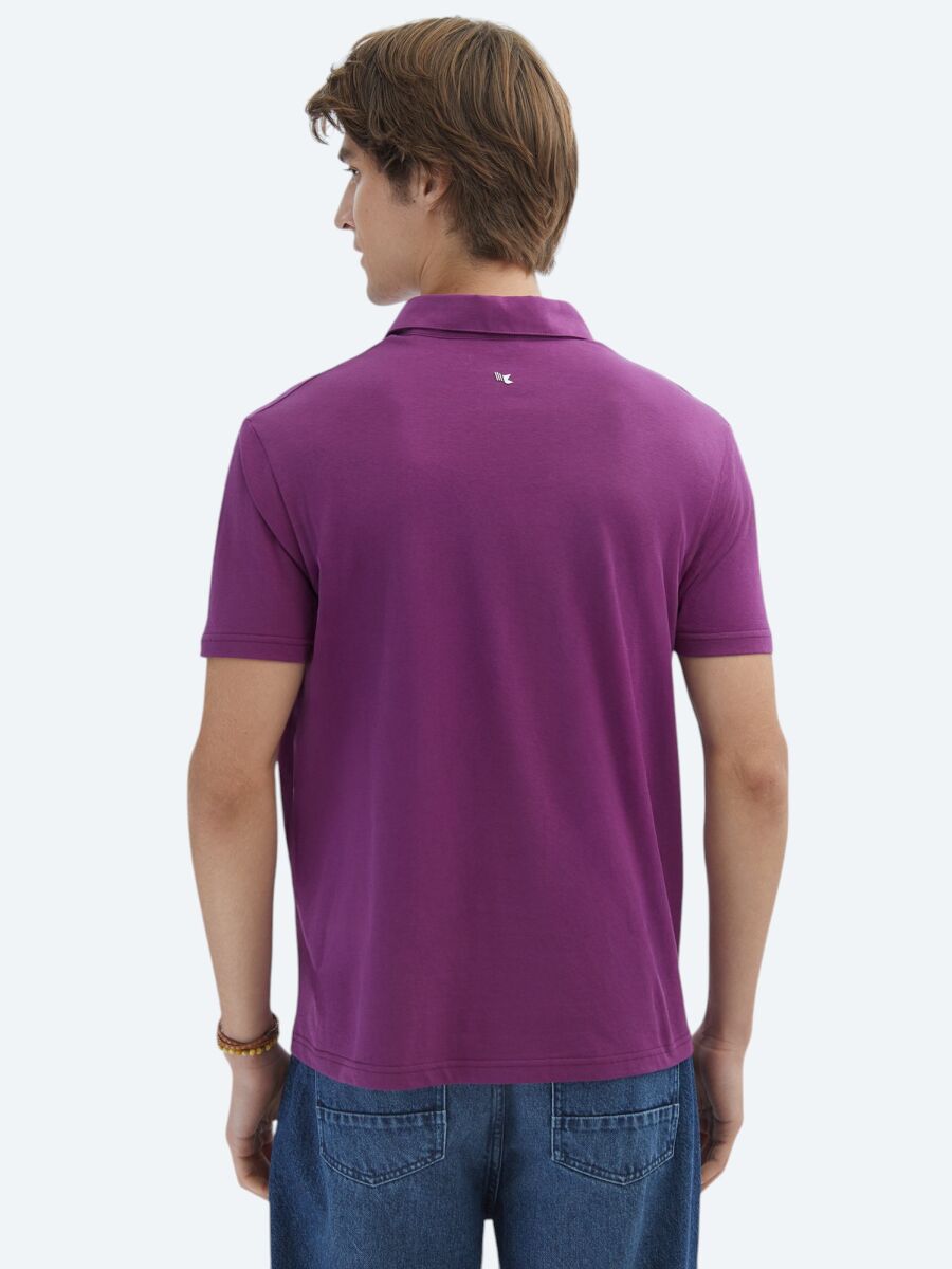 Damson Color Plain Polo Neck 100% Cotton T-Shirt - 4