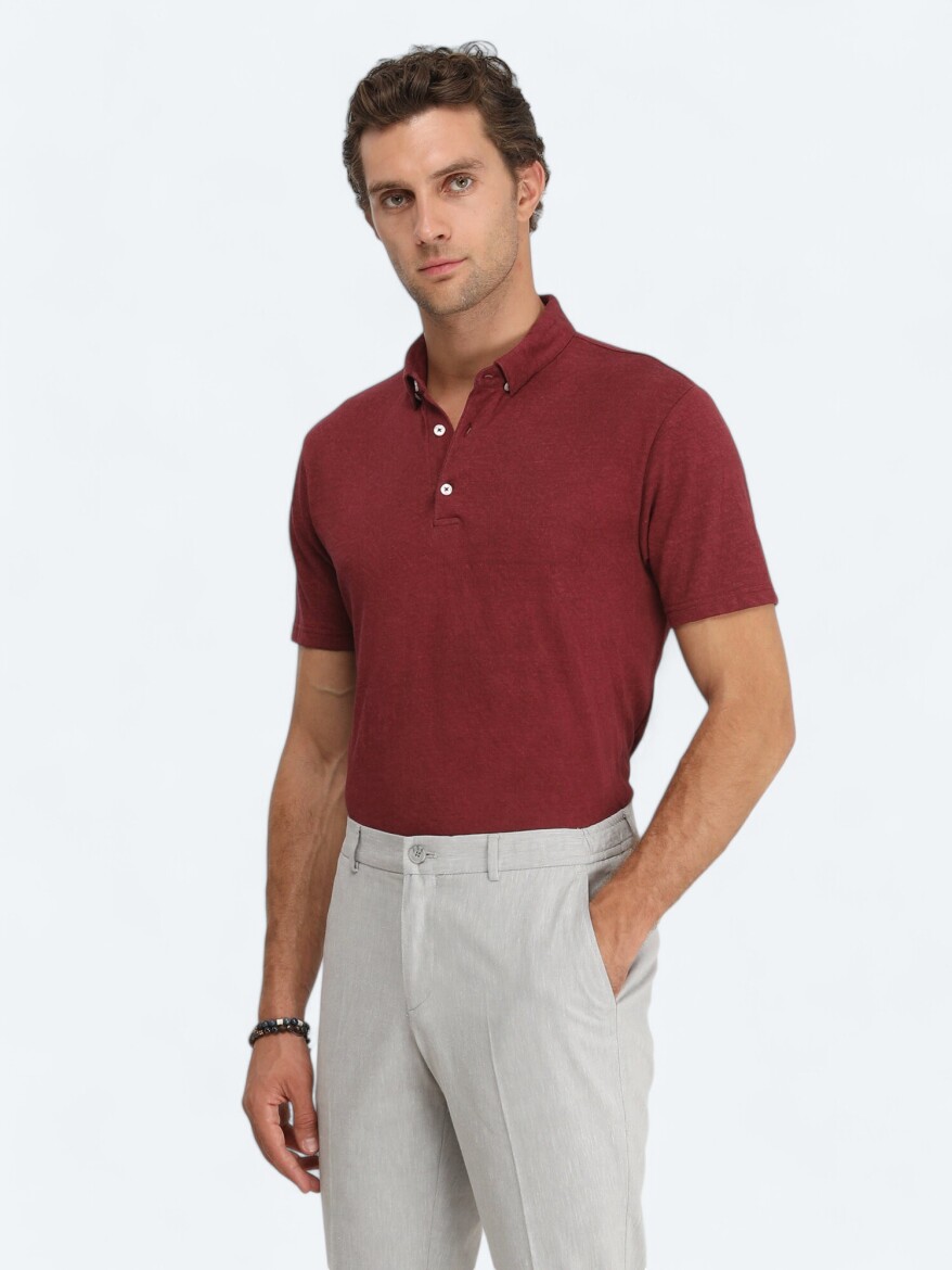 Damson Color Plain Polo Neck Cotton Blended T-Shirt - 1